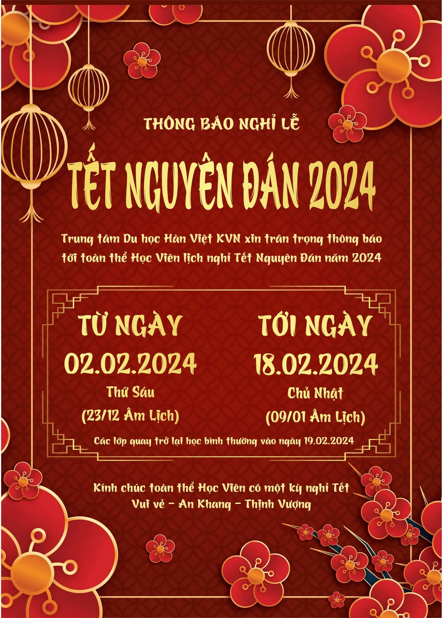 Thông báo lịch nghỉ tết nguyên đán 2024